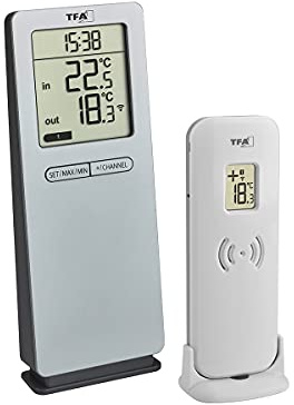 TFA Dostmann digital termometer Logoneo, 30.3071.54, för inomhus/utomhusbruk, med utomhussändare, valfritt utbyggbar till 3 sändare, inkl. klocka, silver