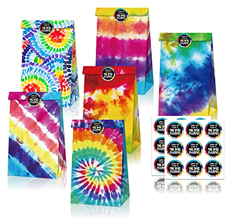Tie Dye Party Favor Bags, 12 Stück Camouflage Candy Treat Bags Bunte Tie Dye Party Goody Bags Retro Thema Geschenk Papiertüten Party Dekoration Papiertüten für Geburtstag Hochzeit