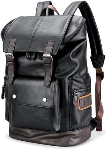 CHAO RAN Mochila de cuero vintage para laptop para hombre, mochila de cuero negro, Negro, Large, Mochila de viaje universitario