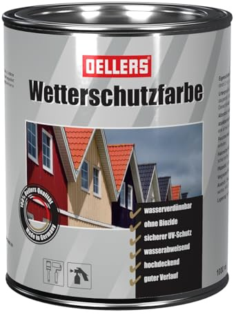 OELLERS Wetterschutzfarbe wasserbasierter Holzlack, 1L, RAL 5014 Taubenblau, farbige Holzbeschichtung, 3in1 Grundierung + Deckanstrich + UV-Schutz für Innen und Außen, auch für Metall geeignet