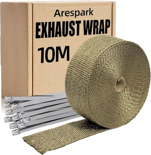 Arespark Car Exhaust Wrap Tape, 10M Heat Wrap Exhaust Tape Roll Titanium | for Motorcycle Heat Shield Tape Fiberglass Heat Insulation Wrap with 10 Pcs Stainless Ties