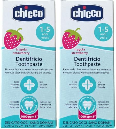 Chicco Pasta de Dientes de Fresa Sensible de Baja Abrasión con Flúor, Xilitol, Sin Conservantes, Ayuda a Prevenir Caries y Eliminar Placa - para Niños+1 Año, 50 ml (Paquete de 2)