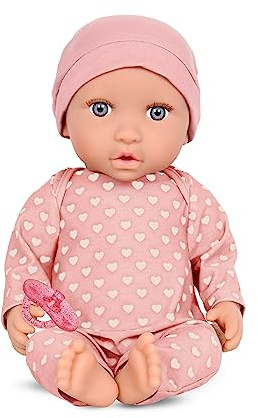 LullaBaby Babypuppe – 36 cm realistische Baby-Puppe mit Herzchenpyjama | 36 cm große Baby-Puppe mit grauen Augen, weichem Körper, Mütze, abnehmbarem Schnuller und wechselbarem Outfit, 2+ Jahre