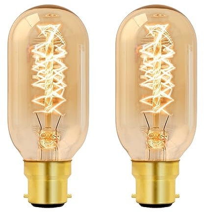 B22 Bayonet Vintage Light Bulb Dimmable, Warm White 2700K, Amber Glass, B22 BC Spiral Retro Filament Bulbs, T45 Antique Retro Light Bulb, Bayonet Decorative Light Bulbs for Ceiling, Chandelier, 2 Pack