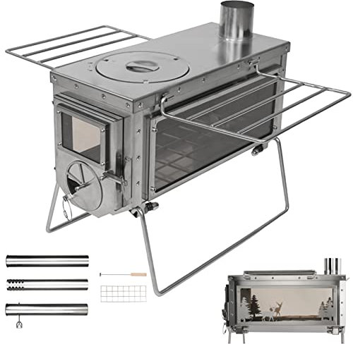 Estufa de leña para campamento, estufas de leña para tienda de campaña portátiles con tubos de chimenea, utensilios de cocina para acampar de acero inoxidable 304 para mochileros, caminatas