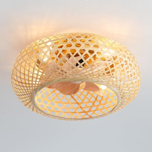 19.7 Ceiling Fans with Lights and Remote Control, Bamboo Weaving Caged Farmhouse Ceiling Fan Light, Flush Mount 6 Speed Reversible Ceiling Fans with Lamps for Bedroom Kitchen Living Room-F