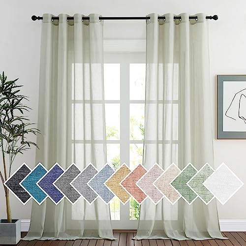 PONY DANCE Kinderzimmer Gardinen Halbtransparent im Landhausstil 2er Set H 220 x B 140 cm Leinenvorhang Vintage Gardinen Leinenoptik Vorhänge mit Ösen Linen Curtains for Living Room, Salbeigrün