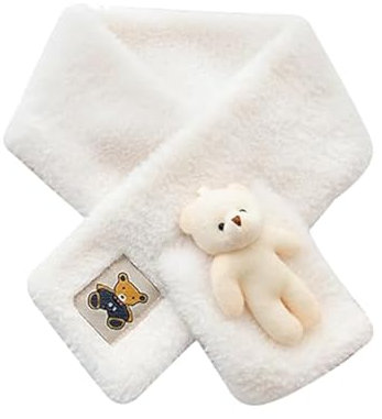 Süßer Bär Plüschschal für Erwachsene und Kinder, Winterschal-Kuscheliger Bären-Plüschschal, Niedlicher Bären-Plüsch-Schal, Pelzkragen Kreuz Plüschschal, Süße warme Winterhalstücher für Kinder (Weiß)