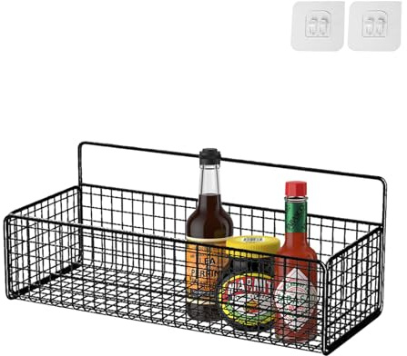HERCHR Panier de rangement mural en fil métallique noir, panier de fruits à montage mural, bac de stockage de nourriture pour la cuisine, 15 x 15,5 x 36 cm