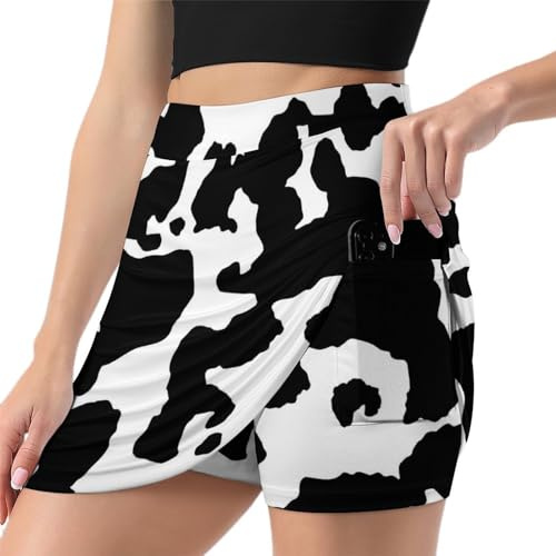 ALTQPG Schwarz-Weiß-Kuh Damen Tennisrock Mit Hose Minirock Golfrock Hosenrock Sommerrock Tennis Skort Laufrock Mit Taschen