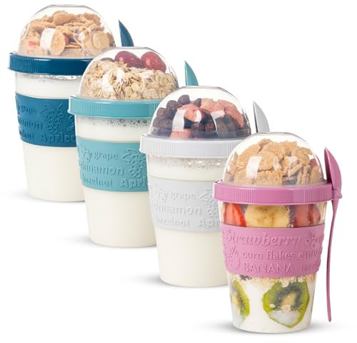EYNEL 4 Pack On The Go Cereal Yogurt Cups with Lids and Spoon, Overnight Oats Container, Reusable Parfait Plastic Milk Pot Breakfast Crunch Granola Oatmeal Smoothie Snack Prep Jar (4 Colors Set 2)
