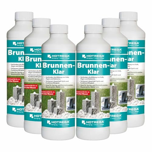 HOTREGA Brunnen-Klar 6x 500 ml | Reiniger gegen Algen, Kalk & Bakterien | Pflegemittel für Zierbrunnen, Quellsteine & Wasserspiele | Schützt Pumpen vor Ausfall | Indoor & Outdoor Konzentrat