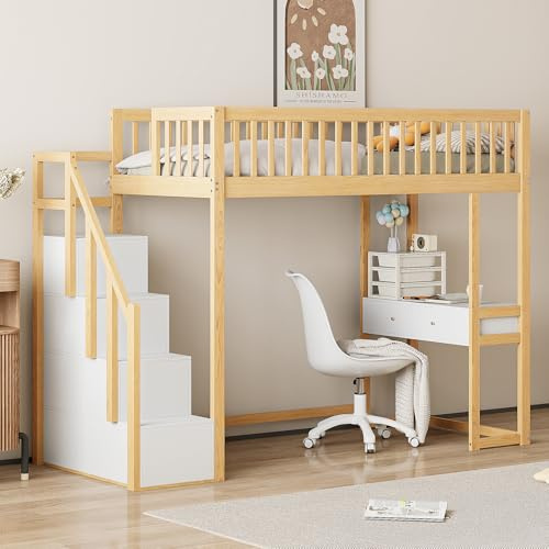 MOBETTRES Hochbett mit Multifunktionstisch, sicherer Aufbewahrungstreppe, Bettgestell aus massivem Kiefernholz für Kinder und Jugendliche (Weiß + Eiche hell, 90x200 cm)