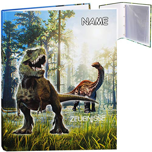 alles-meine.de GmbH Zeugnismappe/Ringbuch/Zeugnisringbuch - Zeugnisse Dinosaurier - Dino T-Rex - inkl. Name - Erweiterbar für Einsteckseiten + Einlagen - A 4 - Dokumentenma..