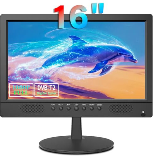 KCR TV digitale 16 pollici Freeview, sintonizzatore DVB-T2, ingresso AV, HDMI/VGA, slot USB, alimentazione da auto (12 Volt) o da rete elettrica, telecomando,H.265