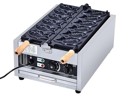 Commercial Fish Type Waffle Machine 110V/Commercial Use Jam or Ice Cream Waffle Maker/Stainless Steel Open-Mouth Fish Non-Stick Teflon Coating Taiyaki Maker/50-300℃/122-572℉ Adjustable,220V