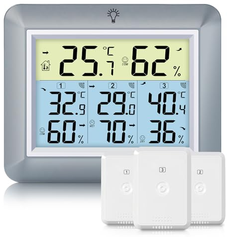 Urageuxy Thermomètre Intérieur Extérieur Connecté Hygromètre Numérique avec 3 Capteurs Sans Fil, Portée 100m, Grand Écran LCD, Enregistrement MIN/MAX, Précision Haute pour Maison, Jardin, Garage, Gris
