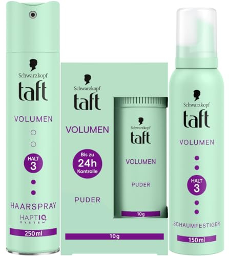 Schwarzkopf Taft Haarstyling Set - Puder, Haarspray & Schaumfestiger Volumen (10g, 250ml, 150ml) für voller aussehendes Haar, alle Haartypen, vegane Formel*