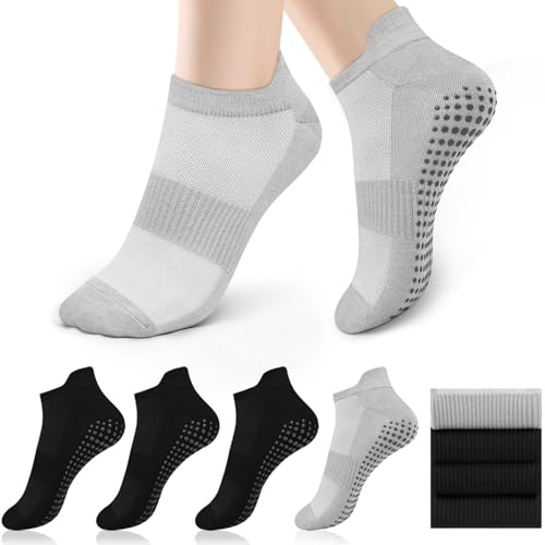 Tobfit 4 Pares Calcetines Yoga Pilates, Comodos Calcetines Antideslizantes para Mujeres y Hombres, Calcetín Tobillero Deportivo Transpirables Con Puntos Antideslizantes, Talla única 36-41