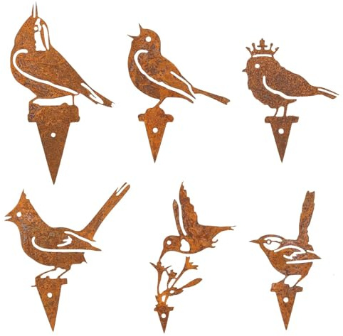 FONDUO 6er Set Rost Vogel Gartendeko Für Draußen Wetterfest, Rost Deko Garten Zaunhocker Figuren, Metall Roststecker Rostdeko, Zaunfiguren Blumenstecker, Gartenstecker Für Gartenzaun Baumstamm Zaun