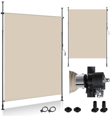 Vkechh Klemmmarkise Senkrechtmarkise Außen 120x305cm, Vertikalmarkise Balkon mit Handkurbel ohne Bohren, Balkon-Sichtschutz & Windschutz für Garten & Terrasse, Wasserfest Beige
