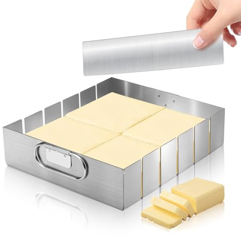 Butterschneider aus Edelstahl mit 6 Streifen und Brett, 19,8 x 17,8 x 4,8 cm, großer Butterschneider für Butterquadrate, Käseschneider, Küchenwerkzeug für Lebensmittel, Brot, Gemüse (Silber)