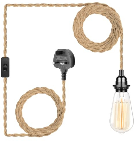 HUDYOGY Plug in Pendant Light, 15FT Pendant Lamp Lights Cord with Switch Cord E27 Bulbs Socket, Industrial DIY Twisted Hemp Rope Overhead Lamps for Farmhouse Bedroom Home Lighting Decors