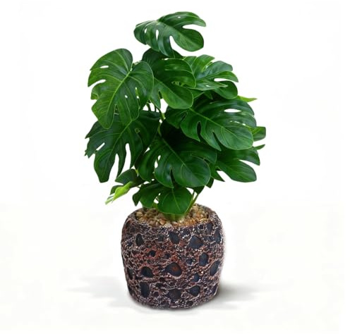 mawmuaw Kunstpflanze Monstera Künstliche Grünpflanze im Topf 30 cm Künstliche Pflanzen Wie Echt Grünpflanzen Künstlich mit Stein-Topf Fake Plant für Wohnzimmer Schlafzimmer Büro Balkon Haus Tischdeko