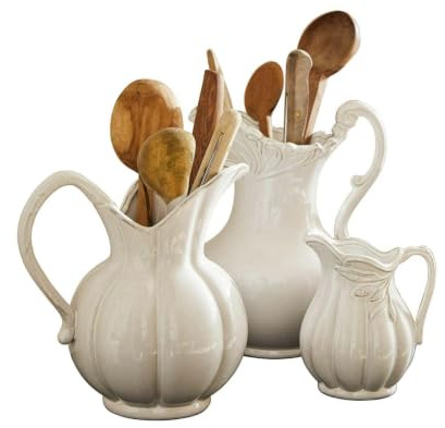 Loberon Lucanera Set di 3 brocche - in Terracotta - Finitura Lucida, Bianco | Tre misure, look nostalgico, finitura lucida, ornamento elegante, look classico, decorazione
