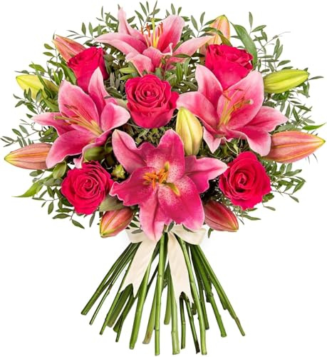 Bouquet di fiori freschi legati a mano: rose rosa e gigli consegnati per compleanni e tutte le occasioni!