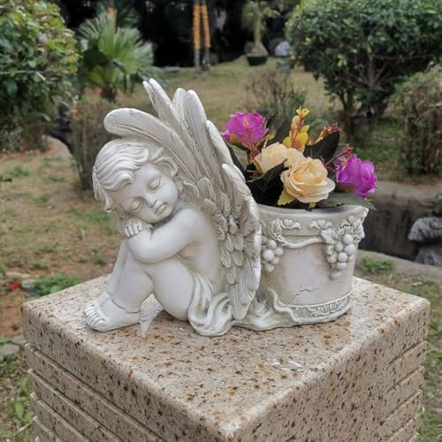 Oniissy Maceta de ala de ángel con drenaje para suculentas y plantas pequeñas, elegante decoración de jardín de resina blanca para uso en interiores y exteriores, adorno de césped resistente a la