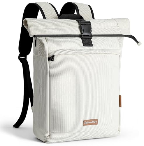 Sylvanthos Laptop Backpack for Men and Women with Anti-Theft Zipper, Corduroy Backpack Expandable 18-25L, Roll Top Backpacks for Work,School, Business Trips
