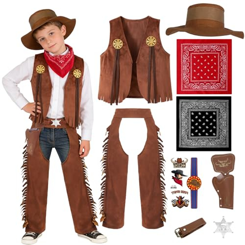 Kitimi 9 pezzi costume da cowboy per bambini, costume da cowboy occidentale con gilet, cappello, sciarpa, tatuaggio, ragazzo, costume occidentale, per Halloween, carnevale, cosplay, feste, vestito