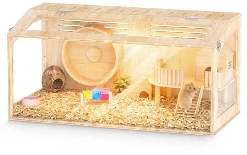 XiaZ Hamster Cage Chewproof,30 Inch Wooden Hamster Cage with Panoramic View and Ventilated Top,Durable Plywood Solid Wood Frame, Spacious Acrylic Glass Habitat for Syrian Dwarf Hamsters and Degus