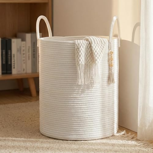 Large 60L Woven Cotton Rope Storage Basket with Handles | Tall Laundry & Toy Organiser for Nursery, Living Room & Bedroom | Soft, Foldable Blanket Basket (White)