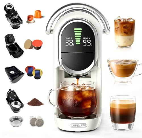 CAFELFFE 5-in-1 Multi-Kapsel-Kaffeemaschine, kompatibel mit NS*/DG*/ESE*/A Modo Mio und Coffee Power, 20 Bar, Kalt- und Heißbrühfunktion, einstellbare Temperatur und 7 Wassermengenstufen, Weiß