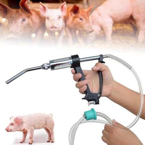 Automatic Veterinary Syringe Injector, Adjustable Dosing Device with Hose & Anti-Bite Metal Head for Precise Medication Dispensing in Cattle, Sheep, Pets