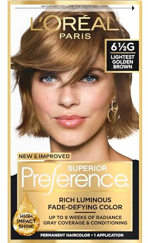 L'Oreal Paris Superior Preference Fade-Defying + Shine Permanent Hair Color, 6.5G Lightest Golden Brown, Pack of 1, Hair Dye