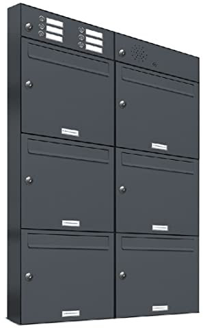 AL Briefkastensysteme 6er Briefkastenanlage mit Klingel Anthrazit Grau RAL 7016, Premium Briefkasten DIN A4, 6 Fach Postkasten modern Aufputz