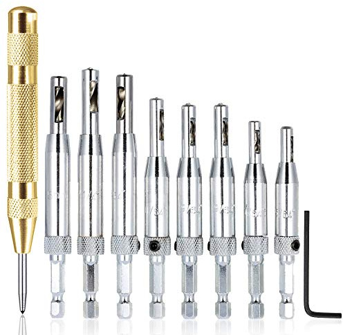 AFUNTA 8-tlg. Zentrierbohrersätze mit automatischem Zentrierstempel, selbstzentrierender Scharnierzapfenbohrer-Kernlocher Holzbearbeitung für Schranktür 5/64'' 7/64'' 9/64 ''11/64'' 13/64'' 5mm 1/4 ''