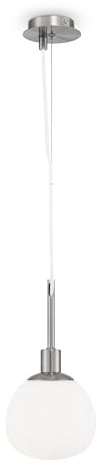 Moderna Lampada pendente a sospensione regolabile, Design Original, Metallo color Nickel, Diffuore in vetro opaco bianco, per isola cucina, bar, soggiorno, sala pranzo, per 1 lam E14 40W non incl