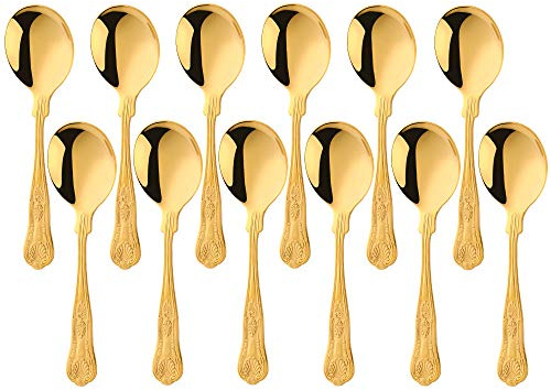 Buyer Star 12pcs cuillères à bouillon rondes, kit d'ustensiles en acier inoxydable doré pour cuisine à domicile et restaurant, cuillères à soupe polies miroir