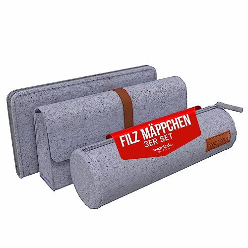 wortek Filz Federmäppchen grau 3er Set – Federtasche Federmappe Mäppchen Etui Stifte – Schlamppermäppchen Pencil case Federmäppchen Mädchen Jungen Erwachsene – Federpenal Schulmäppchen Stifteetui