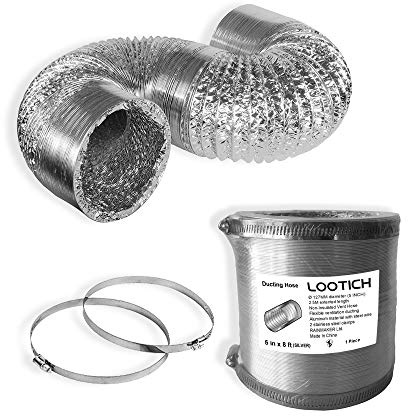 LOOTICH Robust Ø 127mm Längd 2,5m Oisolerad Flexible Luft Ventilationsslang i Aluminium för HVAC-ventilation 2 Klämmor i Rostfritt Stål Ingår