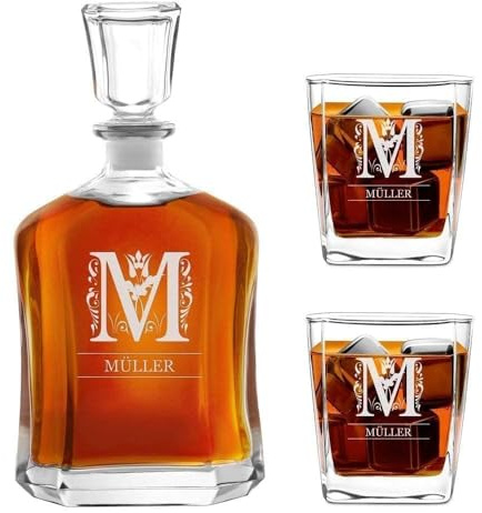 Maverton Whiskey Karaffe + 2/4 / 6er Whiskygläser Set mit Gravur - 700ml Whisky Dekanter - Geschenk zum Geburtstag für Damen - Buchstabe