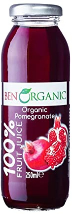 BenOrganic Pomegranate Juice (12 x 250ml) Glass Bottles, Organic Juices, Sugar and Additives Free - Not from Concentrate
