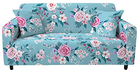 Highdi Funda de Sofá Elástica, Flor Fundas para Sofá de 1/2/3/4 Plazas, Universal Funda Cubre Sofas Ajustables Protector Cubierta de Muebles (2 plazas,Azul)