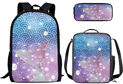 Binienty Rucksack für Jungen und Mädchen, modisches Büchertaschen-Set mit Lunchtasche und Federmäppchen für Grundschul, Kindertaschen, Reise-Rucksack, Mermaid Scale-4, Einheitsgröße