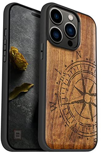 Carveit Holz Cover für iPhone 14 Pro, Nussbaum-Vintage Kompass | Handyhulle kompatibel MagSafe Massivholz für iPhone 14 Pro Handyhülle Stoßstange Weich TPU Case