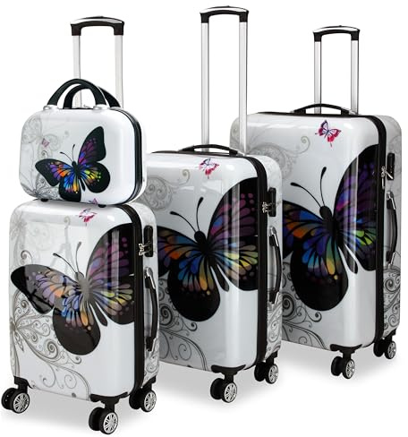 Monzana® 4Pc Suitcases Set, Cabin Suitcase, Medium Large Suitcase Butterfly | Lightweight Suitcases 4 Wheel & Hard Shell, Hand Luggage Bag Flight Carry-ons Travel Small Cabin Bags Beauty Case